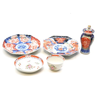Lot 33 - Small Chinese porcelain vase and cover, pair of Imari plates, and a New Hall teabowl and saucer