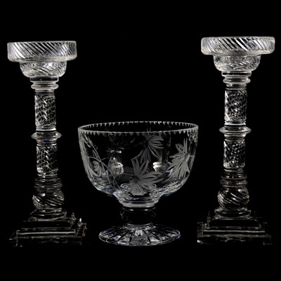 Lot 27 - Pair of cut glass candlesticks, and cut glass pedestal bowl.
