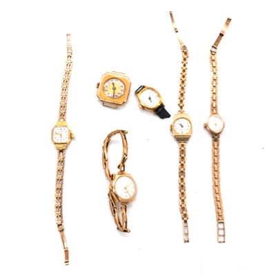 Lot 427 - Four vintage gold bracelet wristwatches, a yellow metal fob / wristwatch and a gold-plated watch.