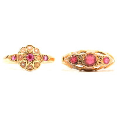 Lot 14 - A Victorian/Edwardian pearl ring, a pink stone ring.