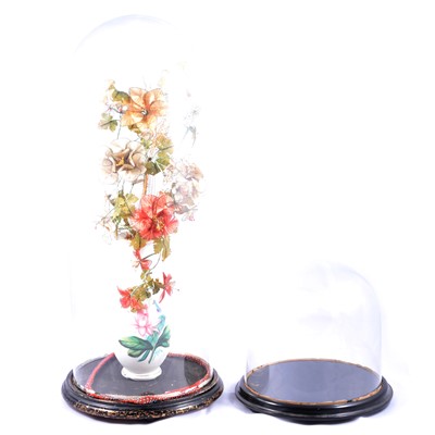 Lot 120 - Two glass domes and a glass vase with fabric flowers