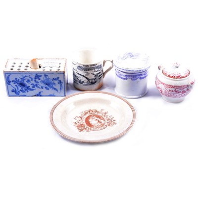 Lot 26A - English Delft flower brick, and 19th century transfer ware.