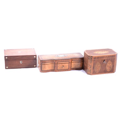 Lot 151 - Victorian figured walnut workbox, Georgian tea caddy, and a French glove box