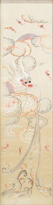 Lot 398 - Chinese silk woven panel, depicting a dragon in swirling clouds