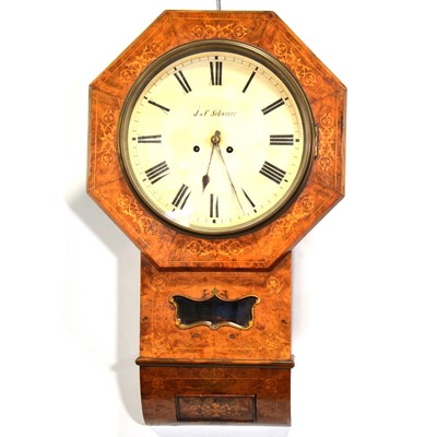 Lot 452 - Figured walnut and inlaid eight-day drop dial wall clock, signed J & C Schwerer