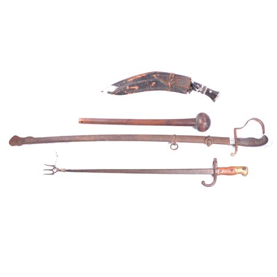 Lot 256 - German WWI Artillery Officer's sword, a bayonet, knobkerrie and Kukri knife