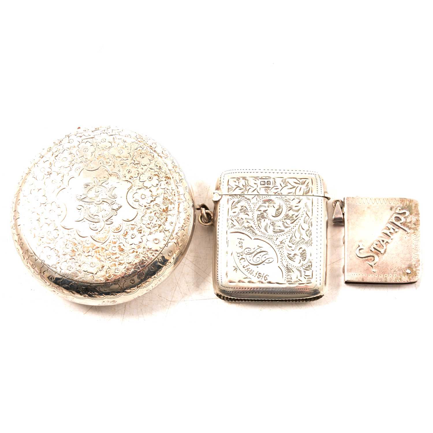 Lot 154 - Silver tobacco box, vesta case and a stamp case