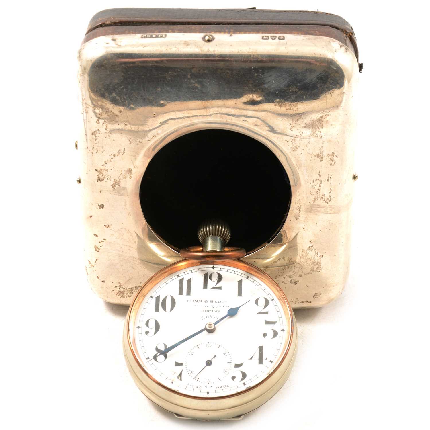 Lot 215 - Nickel cased goliath pocket watch in a silver mounted case
