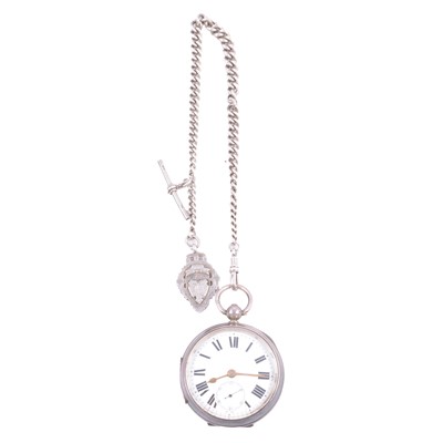 Lot 360 - A silver open face pocket watch and Albert watch chain.