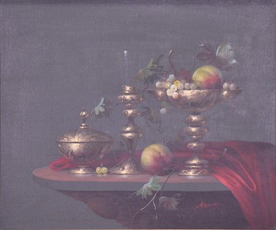 Lot 205 - Josef Molnar, still life of fruit on brass tazza with oil lamp and lidded bowl.