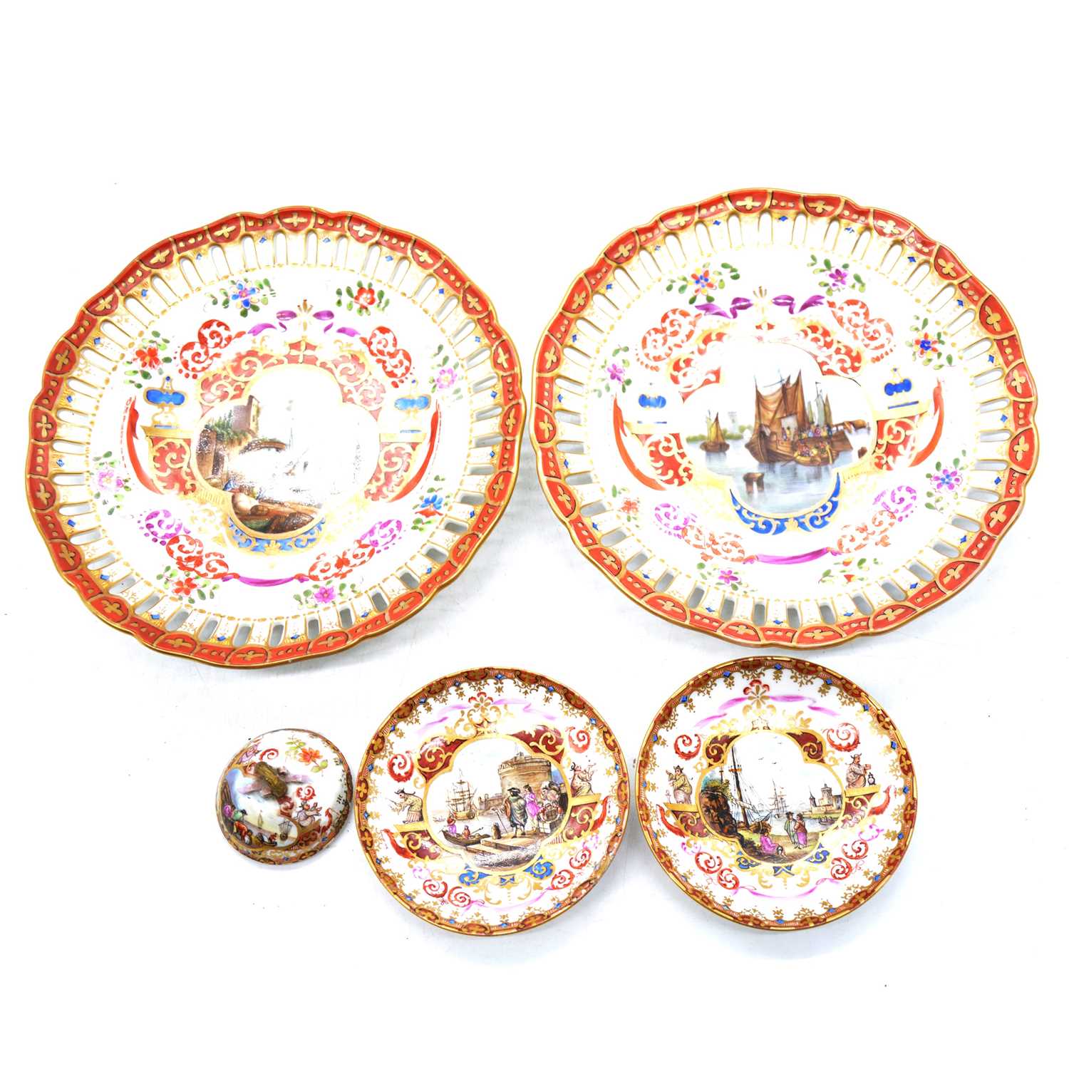 Lot 38 - Pair of Meissen small saucers, and pair of Dresden cabinet plates