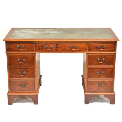 Lot 445 - Reproduction yew wood twin pedestal desk