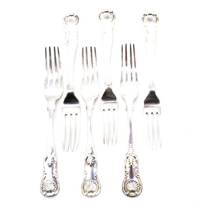 Lot 360 - Fifteen Victorian Scottish silver Kings Pattern table forks, James McKay,  Edinburgh 1844-1853.