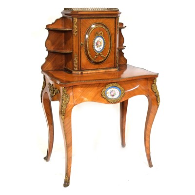 Lot 234 - Louis XV style tulip wood and rosewood ‘bonheur du jour’ writing table