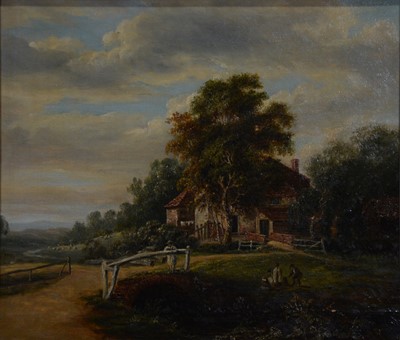 Lot 268 - English School, 19th century,  Figures by a stream and cottage; and two others