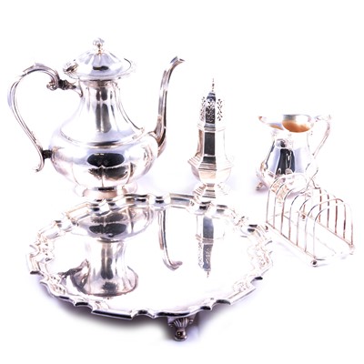 Lot 97 - Electroplated circular salver; plated sugar caster; plated tea and coffee ware; condiments.