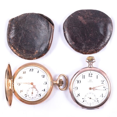 Lot 164 - Omega - an open face pocket watch, and a gilt metal full hunter pocket watch.