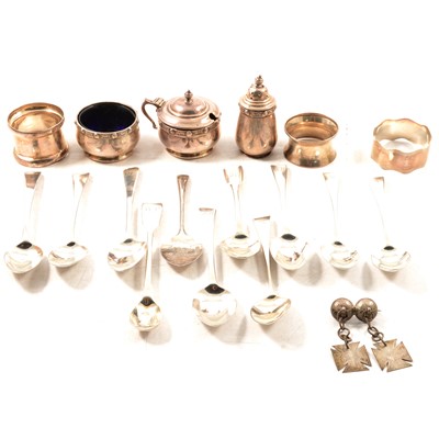 Lot 170 - Silver condiment set, napkin rings, teaspoons and a brooch