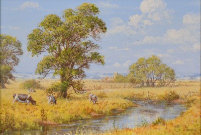 Lot 201 - Edward Hersey, Country landscape with cattle by a river