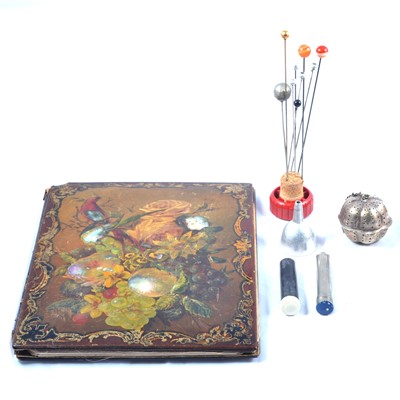 Lot 191 - Paper mache blotter, hat pins and infuser.