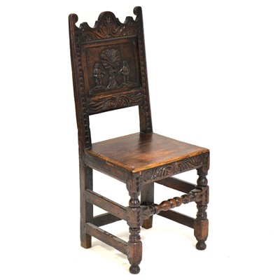 Lot 470 - Joined oak side chair, in part 17th century, panelled back, The Temptation