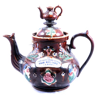 Lot 28 - Victorian bargeware teapot, 'To Joe and Leah James, from Mrs Lane' 1884