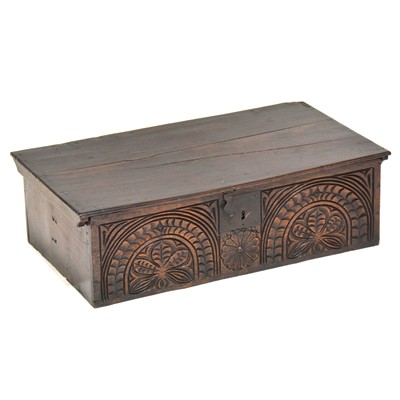 Lot 414 - Boarded oak box, 18th century