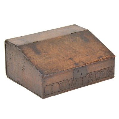 Lot 428 - Boarded oak slope-front writing box