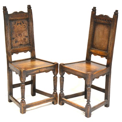 Lot 472 - Near pair of joined oak side chairs