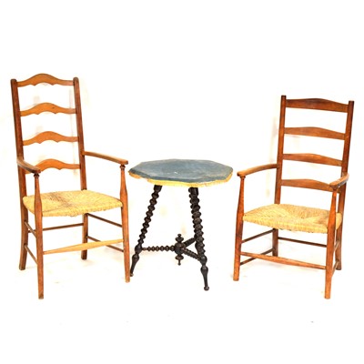 Lot 491 - Arts & Crafts style beechwood chair, another ladderback chair and a gypsy table