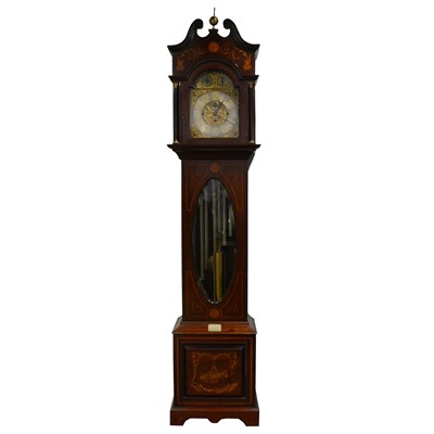 Lot 217 - Edwardian mahogany marquetry longcase clock, striking on tubular bells