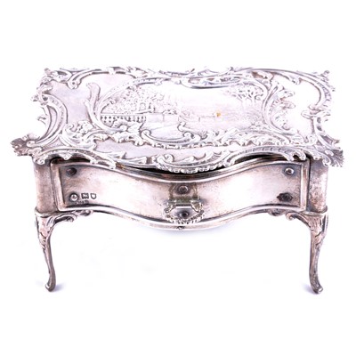 Lot 181 - A silver jewel casket in the form of a side table with drawer.