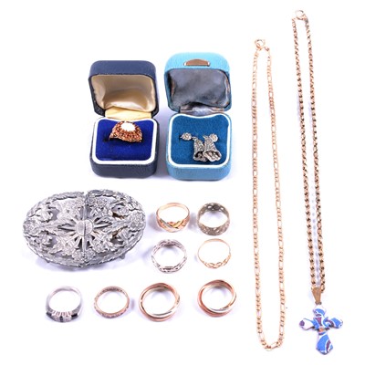 Lot 423 - Two gold chains, ten gold, silver and metal rings, earrings, cross pendant, nurse's buckle.