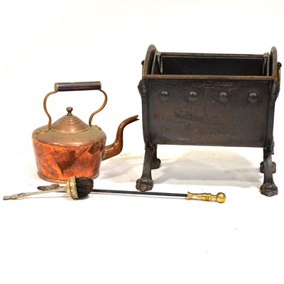 Lot 159 - Cast iron, copper and brass log bin, a copper kettle, etc.