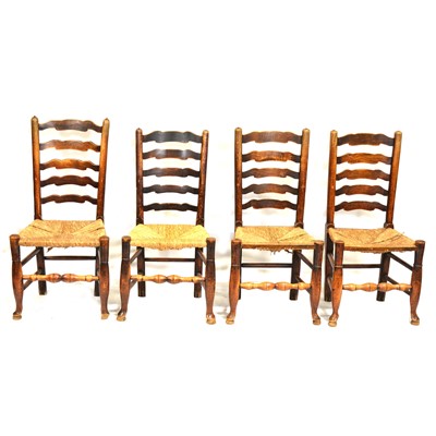 Lot 413 - Four elm and ash ladder-back kitchen chairs, 19th Century