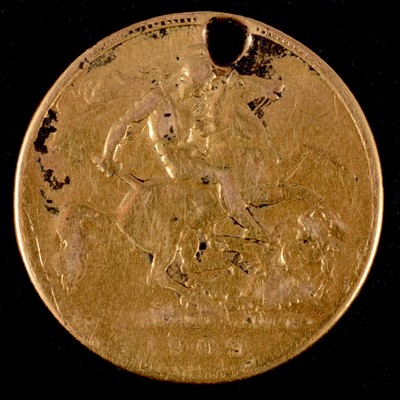 Lot 185 - A gold Half Sovereign coin, Edward VII 1909, worn and pierced.