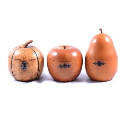 Lot 53 - Victorian fruitwood apple tea caddy and two Victorian style fruitwood tea caddies, apple and pear