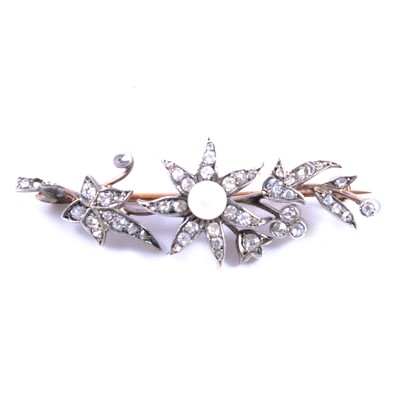 Lot 170 - A diamond and pearl bar brooch.