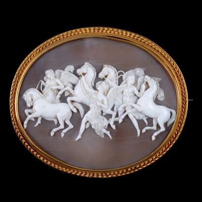 Lot 181 - An oval carved shell cameo brooch, after John Gibson, The Hours Leading the Horses of the Sun.