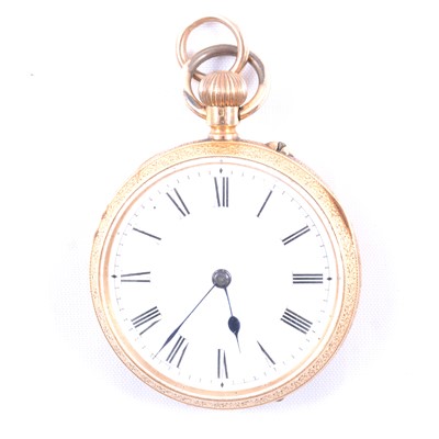 Lot 355 - A yellow metal open face fob watch.