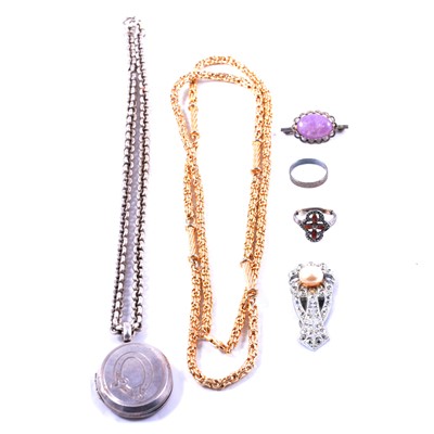 Lot 426 - Christian Dior necklace, silver-coloured locket and chain, two rings, brooch and dress clip.