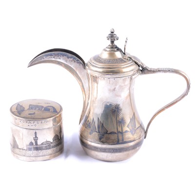 Lot 347 - Egyptian / Iraqi niello and white metal coffee pot, and similar jar.