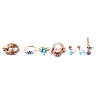 Lot 142 - Two gemset rings, two brooches, fob, gemset necklace, turquoise earscrews and propelling pencil.