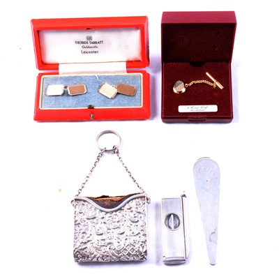 Lot 432 - A pair of gold cufflinks, tie tac, silver paperknife, cigar cutter and prayer book holder.