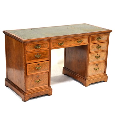 Lot 452 - Victorian walnut and burr walnut twin pedestal desk, by James Shoolbred & Co, number 3033