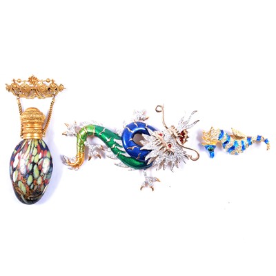 Lot 449 - Butler & Wison Dragon brooch, boxed, Patti. Boulaye Seahorse brooch and perfume bottle