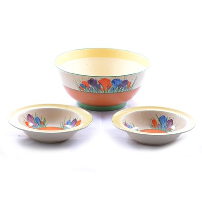 Lot 87 - Clarice Cliff, a large 'Crocus' pattern fruit bowl and two smaller bowls