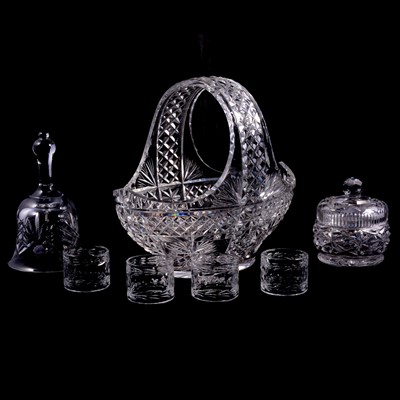 Lot 104 - Various crystal glass table bells, basket, commemorative glasses, etc