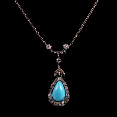 Lot 190 - A turquoise and diamond pear shaped pendant and chain.