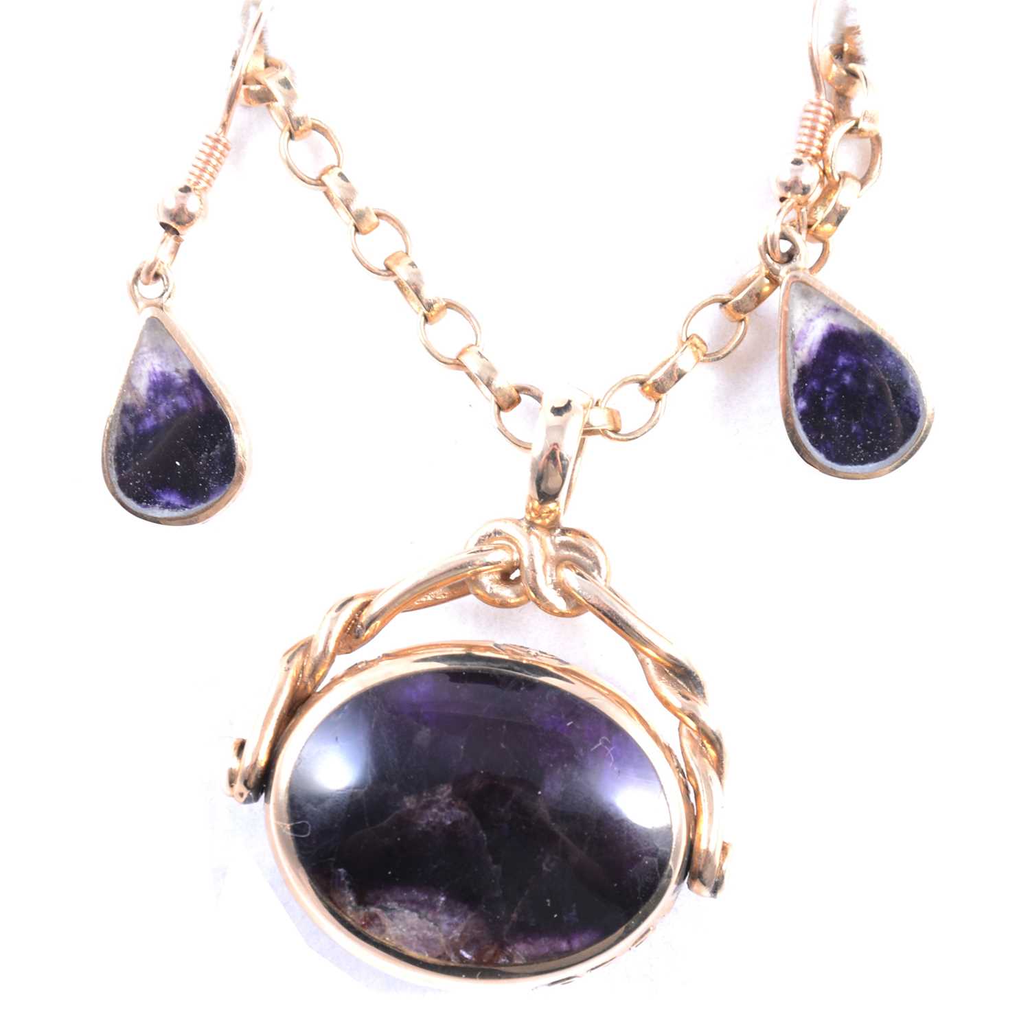 Lot 198 - David Scott-Walker - a Blue John pendant and chain and pair of earrings.